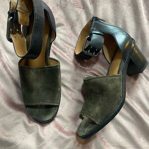 Frye Black and Brown Heeled Sandals with Block Heel